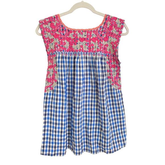 Mi Golondrina Flores Embroidered Mexican Top Blouse Blue Gingham Tuckernuck - Picture 3 of 4